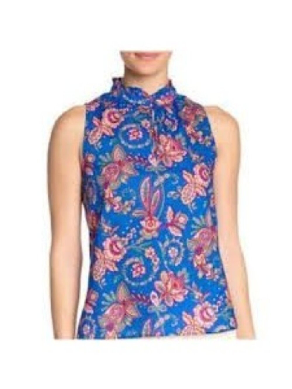 J Crew Liberty Fabric Blue Flora Belle Floral Ruffle Neck Sleeveless Top 2 NWT